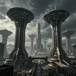 futuristic science-fiction landscape of the world of machines, huge mechanical towers buildings and bridges, under a dark cloudy sky, in the style of Blade Runner