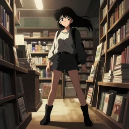 anime visual, full body portrait of a young female traveler in a book shop interior, beautiful face by yoh yoshinari, katsura masakazu, dramatic lighting, dynamic pose, dynamic perspective, strong silhouette, anime cels, ilya kuvshinov, cel shaded, outlined edges, rounded eyes, moody, detailed character