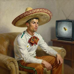portrait of cristiano ronaldo wearing a sombrero on his head, sitted on the couch with a bee, watching television, oil on canvas by william sidney mount,