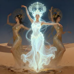 glowing goddess dancing in the desert, professional models, symmetrical face, fantasy, surreal, intricate and very beautiful and elegant, highly detailed, digital painting, trending on artstation, concept art, smooth and sharp focus, illustration, art by tan zi and ayanamikodon and alphonse mucha and wlop