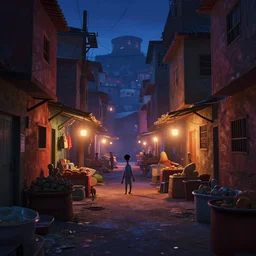a film still from sony pictures animation by alberto mielgo, a narrow alley of an african favela city market, vibrant, - no people, 5 0 mm lens, video game character and environment design, behance hd, studio, dramatic lighting, cinematic, global illumination, dark and moody, evening, trending on artstation, bloom