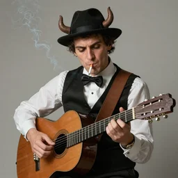 portrait of the devil playing the guitar, nicely dressed, wearing a bolero hat, and smoking a cigarette, by donato giancola.