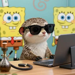 a cute mongoose! with sunglasses! working on a pc!, a hookah! on the desktop, funny cartoon, in the style of bugs bunny, hyper realistic, insanely detailed, a cartoon in the style of spongebob!
