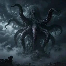 imense tentacles hanging from the sky, hp lovecraft, emerging from a violent storm, untold horror and nightmarish night, fog, photographic hyper real, octane render