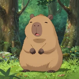 happy Capybara in the forest, anime, by Miyazaki