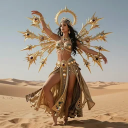 dancing goddess in desert, intricate, sharp focus, octane render, detailed, beautiful, unreal engine, symmetrical!!, loreal, maybelline, sephora, loreal, artstation, art by karol bak, art by artgerm, rossdraws, makeup by pat mcgrath, cinematic, concept art, filmic, vsco