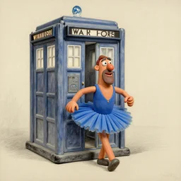 painting of a pencil sketch of digital artwork of claymation spock wearing a blue tutu exiting the tardis, painting by ralph mcquarrie