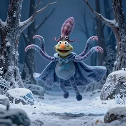 an ethereal live action muppet with a squid like parasite latched onto its head and four long tentacle arms that flow lazily but gracefully at its sides like a cloak while it floats around a frozen rocky tundra in the snow searching for lost souls and that hides amongst the shadows in the trees, this is a real muppet by sesame street, photo realistic, real, realistic, felt, stopmotion, photography, sesame street