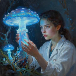 A mixed media portrait painting of an aesthetic! woman scientist examining a giant blue glowing mushroom in a mire, mycologist, detailed Aesthetic! face and eyes, slavic, by Beeple, Frank Frazetta, Greg Rutkowski, Christian MacNevin, epic fantasy character art, high fantasy, CGsociety, exquisite detail, post-processing, masterpiece, cinematic