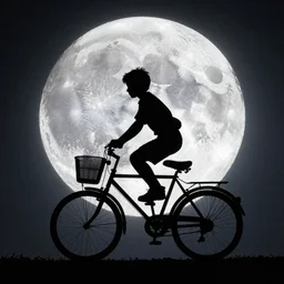 a silhouette of a boy making a big jump with bike with basket in front of it, flying, big shiny moon on the background at night, a still of e. t. the extra - terrestrial ( 1 9 8 2 )