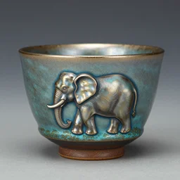 raku tea cup, as elephant, horse hair, raku metallic, turquoise