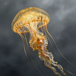The shining golden queen of jellyfish soars in the thick gray stormy ocean artstation ,  barocco highly detailed, portrait, 8k
