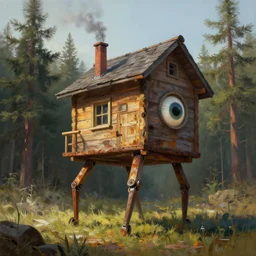 a walking wood house with mechanical legs, one big eye, smoky chimney, rust, hyperrealistic, highly detailed, cinematic, single ray of sun, morning, pareidolia, dynamic composition, gravity falls style, beautiful, pine trees in the background, cgssociety, artstation, 8 k, oil painting, by rhads