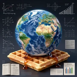 the image of earth and earth\'s continents projected onto a waffle, scientific diagrams, math equations, infographics, charts, graphs, magazine article, syrup, space
