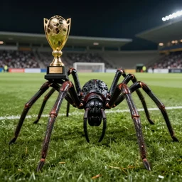 portrait of a giant scary black spider holding a trophy, ultra - detailed, realistic, on a soccer pitch at night