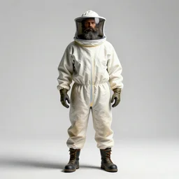bearded beekeeper in protective suit, high detail digital art, full body, standing, isolated on a pure white background, centered, whole figure in frame, sharp focus, studio lighting