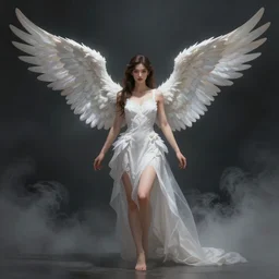 a concept art drawing of a beautiful female angle in a white dress on a dark steamy background, spreading her wings, symmetry features, soft painting, volumetric light, fog, fantasy background, artstation, detailed, award winning
