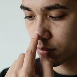 a man inserts his finger in a nostril,