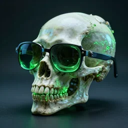 sunglasses made out of bones and futuristic tech by feng zhu, neon, glow, green, horror,
