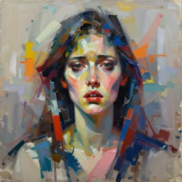 paint an original fearful abstract expressionism masterpiece portrait of a human female, in the style of sd ai, digital art, trending on artstation