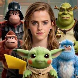 emma watson face godzilla yoda donkey kong pikachu yeti shrek super robot homer groot waluigi darth vader mike wazowski, highly detailed, extremely high quality, hd, 4 k, 8 k, professional photographer, 4 0 mp, lifelike, top - rated, award winning, cinematic, realistic, detailed lighting, detailed shadows, sharp, no blur, edited, corrected, trending