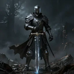 A medieval fantasy death knight with large greatsword in hands based on Elden Ring design, extremely detailed, upscaled, 8k resolution, dark, glowing black weapon, destruction