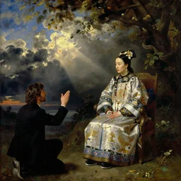 Nardwuar speaking to the Empress Dowager Cixi, low angle, oil painting, wide shot, by Juan Luna, dramatic