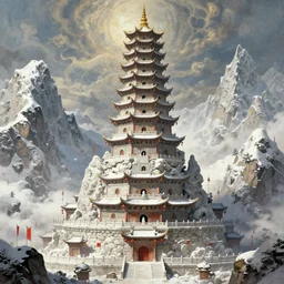 a very tall epic pagoda of the air elementals built under epic massive snow covered mountains, its walls have never fallen and its red flags ever beautiful, built of large heavy white stones, dnd card art, fantasy comics, hyper detailed, extremely complex, hyper realistic, intricate classic art, old painting, great works of the masters, rembrandt and leonardo da vinci by greg rutkowski, sung choi,