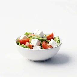miniature greek salad, clean 3d render, octane render, isolated on a pure white background, centered, entire object in frame, sharp focus, soft studio lighting