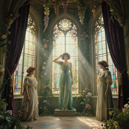 art nouveau humans, velvet curtains, hazy sunbeams coming through stained glass windows, overgrown vines crawling up the walls, flowers hanging from the ceiling, photorealistic, 3 5 mm, fujifilm, film grain, hypermaximalist, detailed, atmospheric, 8 k, octane render, unreal engine, designed by dior, inspired by hayao miyazaki, wex digital, photographed by arivetere