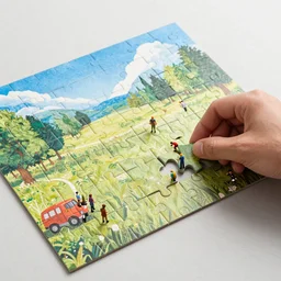 a giant jigsaw puzzle being put together by tiny people