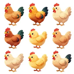 game asset sheet, 2 d sprite, chickens young old middle - aged material study