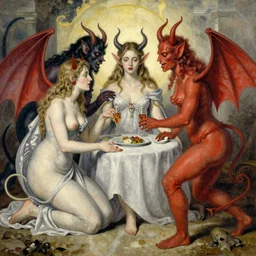 surreal piece titled a meating between demons and devils, female, highly detailed oil on watercolor wood block print by gaston bussiere, craig mullins, j. c. leyendecker 8 k