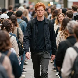 a 7 0 foot tall red - haired man walking among the crowd