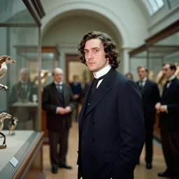 an image of a beautiful archduke visiting the museum of nature in a medium full shot, vintage historical fantasy 1 9 3 2 life magazine photograph kodachrome slide russian and japanese mix, with fair skin, long, wavy dark brown hair, and auburn eyes. he is photographed touring the museum with staff and guides. he is wearing a dark navy suit.