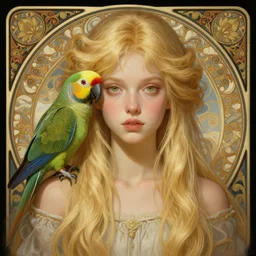 portrait of a young blonde alternative girl with a parrot, upper body, long hair, intricate, elegant, highly detailed, digital painting, artstation, concept art, matte, sharp focus, illustration, art by artgerm and greg rutkowski and alphonse mucha