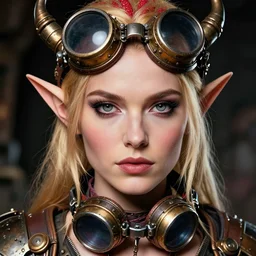 still from the fifth element of head and shoulders portrait, female artificer, gray eyes, welding goggles around neck, strawberry blonde, elf, d & d, steampunk, by artgerm, facial detail, extremely detailed, comic book cover photo