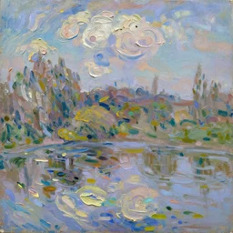 oil paint impasto relief of low view of pond in the style of monet painted with expressive paint and cumulus clouds, less thick expressive paint crudely pointillist in parts, some splattered paint