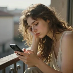 early morning on the balcony. a tired young woman with messy hairstyle is texting on her smartphone. sunlight is beautifully lighting the face. depth of field, in the sun, backlit, closeup, oil on canvas, art by botticelli 1 4 9 9, in the style of the birth of venus, smooth, renaissance, florentine painting, 8 k