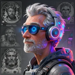 pixar character side view older future coder man, stylized cyclops display over eyes and sleek glowing headset, neon accents, holographic colors, desaturated headshot portrait digital painting by leyendecker, donato giancola, alphonse mucha, john berkey, astronaut cyberpunk electric lights profile