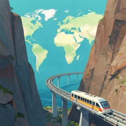 a beautiful illustration of a retro futurism elevated railway on an ocean canyon world by Ralph McQuarrie| sparth:.2 | Time white:.4 | Rodney Mathews:.2 | Graphic Novel, Visual Novel, Colored Pencil, Comic Book:.2