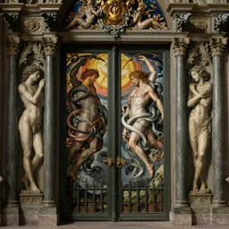 an intrincate and ornamental fromt view of the gates of heaven, by Rembrandt and Godward, symmetrical composition, symbolist painting, techno gargoyles, entwined bodies, sharp focus, no people 4k