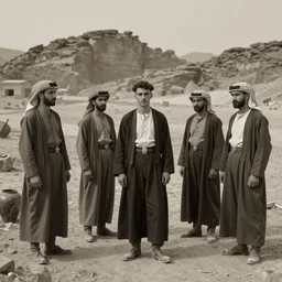 ultra detailed photorealistic sepia - toned photo from 1 9 1 7, 5 clean - shaven british soldiers standing with bedouin traders in traditional arab garb, at an archaeological dig site in wadi rum, ultra realistic, painted, intricate details, lovecraft, atmospheric, dark, horror, brooding, highly detailed, by clyde caldwell
