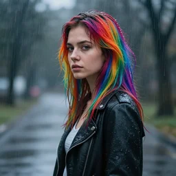 a woman standing in the rain with rainbow hair, digital art, 8 k