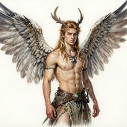 hyper realistic color pencil drawing of a young male fairy druid with hawk wings, D&D character Art, detailed, rim light, diffused, intricate