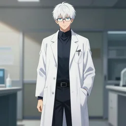 full body anime portrait of a handsome emo with white hair wearing white glasses dressed in a lab coat cinematic highly detailed 4 k