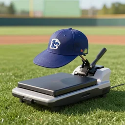a heat press wearing a hat on a baseball field, octane render, hyperrealistic, photorealism