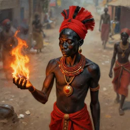 the african trickster god esu, orisha esu wearing red and black on the streets, with fire in his right hand, deep focus, high angle, highly detailed, digital art, digital painting, concept art, illustration, art by hilma af klint and rolf armstrong