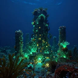 realistic underwater city, plant life ,phosphorescent glow