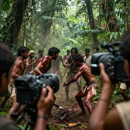 battle in jungle,  brutal  Indians fight, epic camera perspective, old camera, blood, slight inspiration of Boris vallejo and  apocalypto, war photography